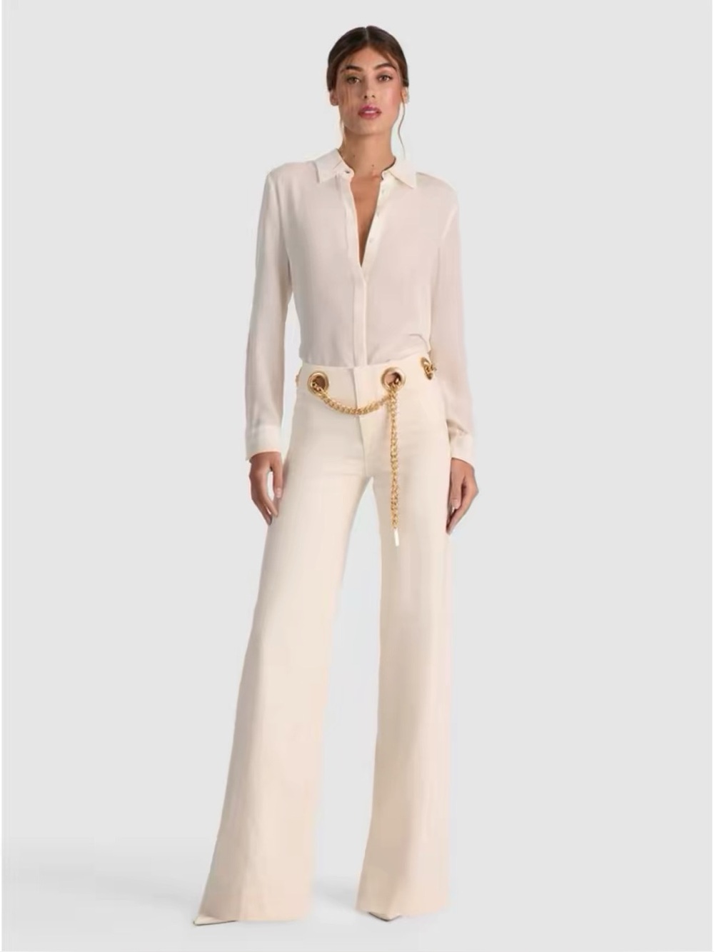Alice + Olivia JASPER Gold Cutout Chain Embellished Belt Cream Jeans NWOT